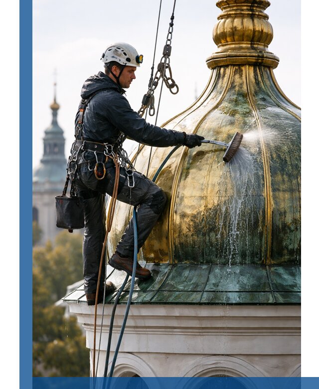 Профессиональная мойка куполов и шпилей высотными альпинистами в Кронштадте