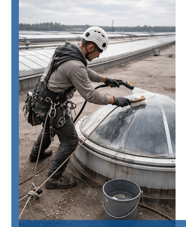 Мойка зенитных фонарей на кровле для промышленных объектов в Кронштадте