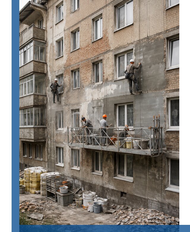 Капитальный ремонт фасада в Кронштадте с восстановлением и гидроизоляцией