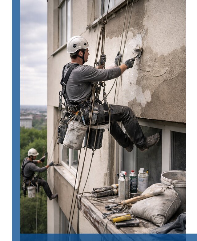 Косметический ремонт фасада зданий в Кронштадте промышленными альпинистами
