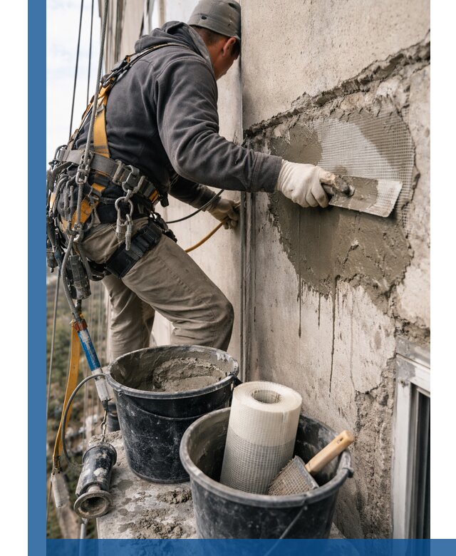 Ремонт бетонных элементов фасада промышленными альпинистами в Кронштадте