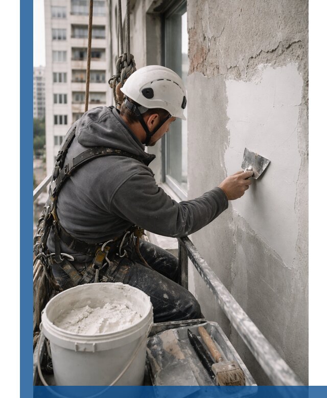 Шпаклевка фасадов на высоте с промальпинистами в Кронштадте