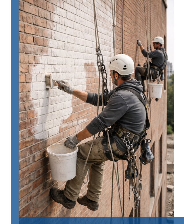 Покраска кирпичного фасада с доступным альпинистским сервисом в Кронштадте