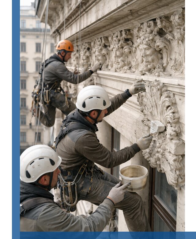 Реставрация фасадной лепнины с высотными работами в Кронштадте