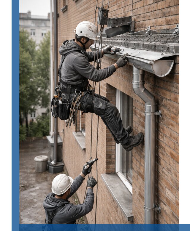 Монтаж водосточной системы на здании в Кронштадте под ключ