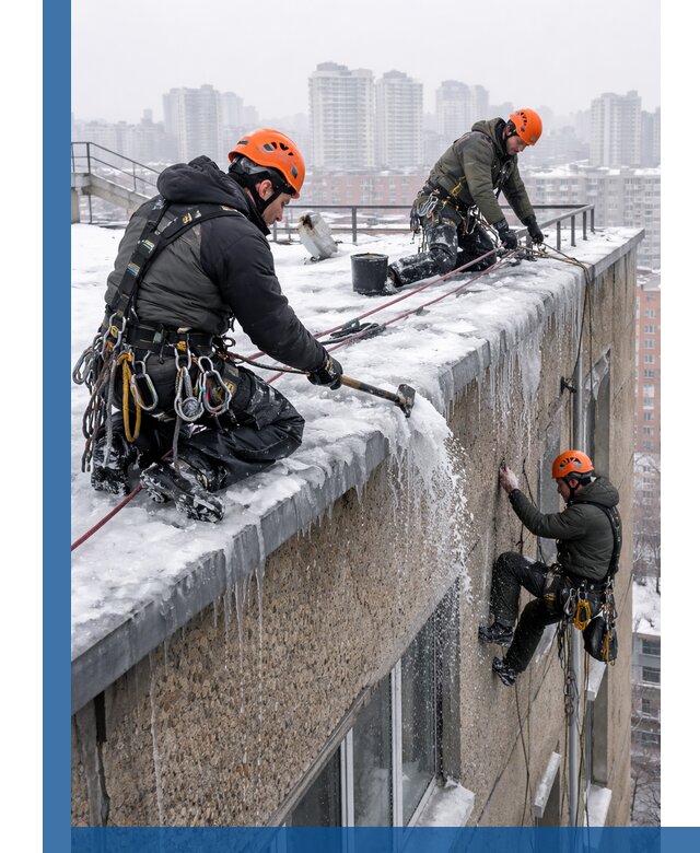 Удаление наледи с кровли в Кронштадте промышленными альпинистами