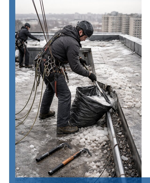 Аварийная очистка кровли в Кронштадте от промальпинистов