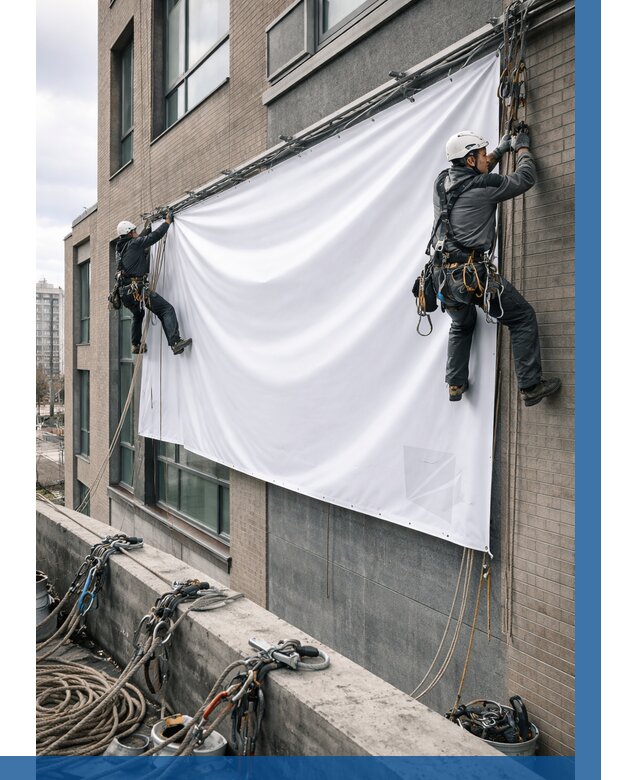 Монтаж баннеров на фасаде в Кронштадте от 678 р. заказать ВЫСОТНИК-Крн