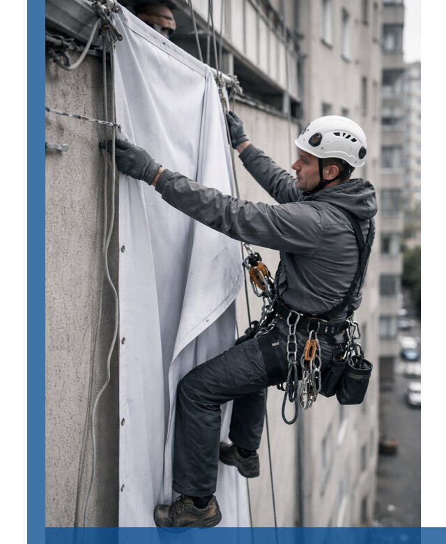 Замена баннерного полотна промышленными альпинистами в Кронштадте