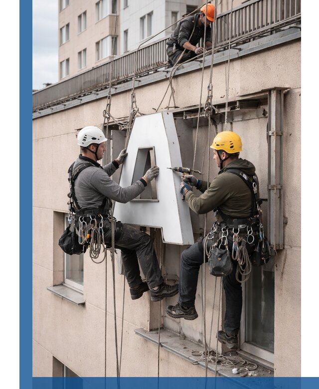 Ремонт и восстановление наружных вывесок на высоте в Кронштадте