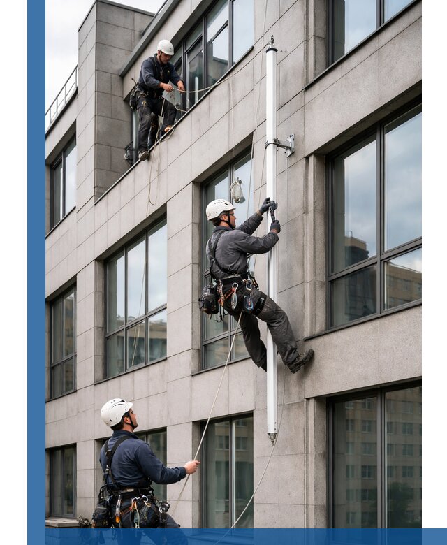 Монтаж флагштока на фасаде здания с креплением и герметикой в Кронштадте