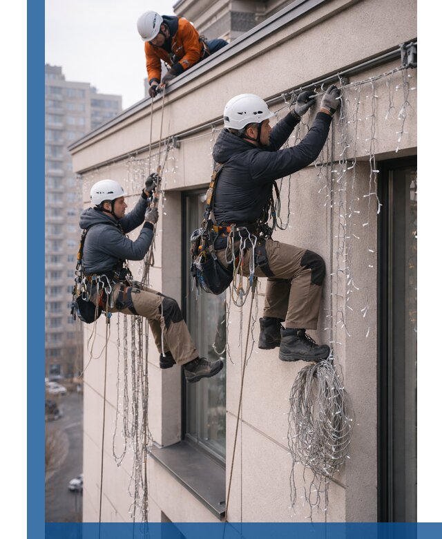 Монтаж праздничных гирлянд на фасаде в Кронштадте для зданий