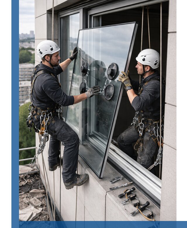 Замена стеклопакетов на высоте с промышленными альпинистами в Кронштадте