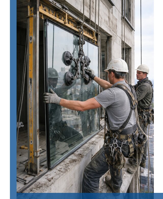 Монтаж стеклопакетов на высоте в Кронштадте с промышленным альпинизмом