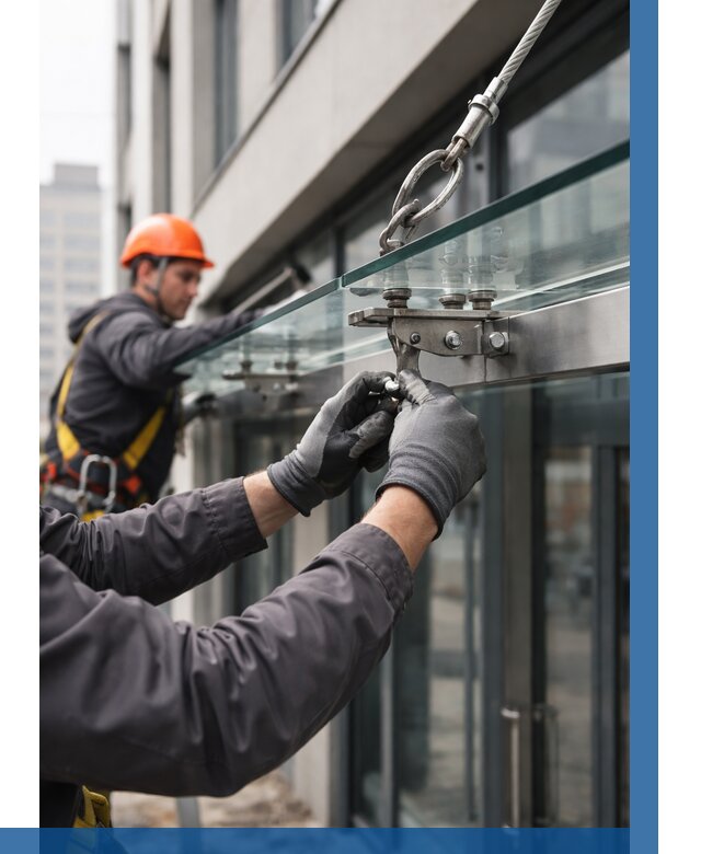 Монтаж стеклянных козырьков в Кронштадте от 8869 р. | ВЫСОТНИК-Крн