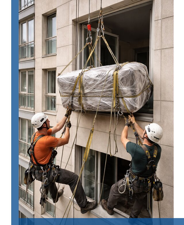 Подъем грузов через окно в Кронштадте промышленными альпинистами