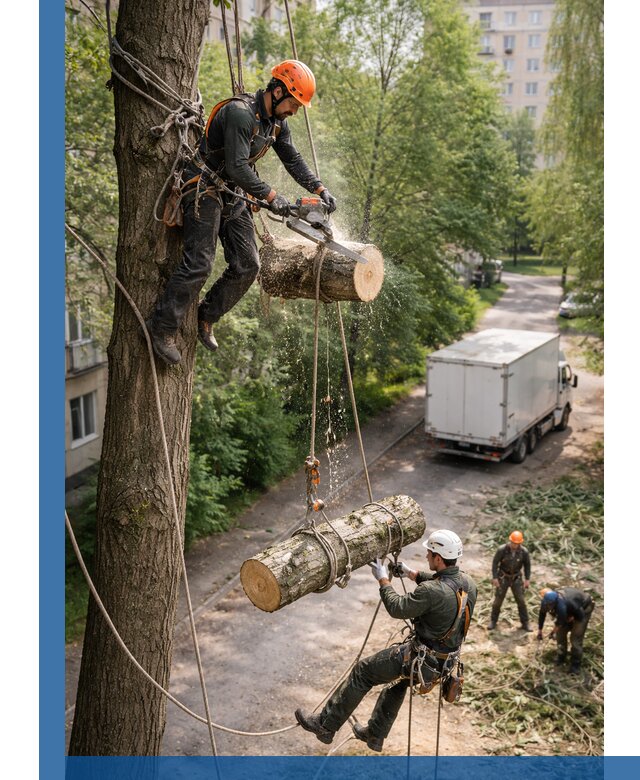 Спил деревьев альпинистами в Кронштадте, безопасно и без повреждений