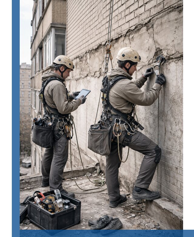 Обследование фасада промышленными альпинистами в Кронштадте